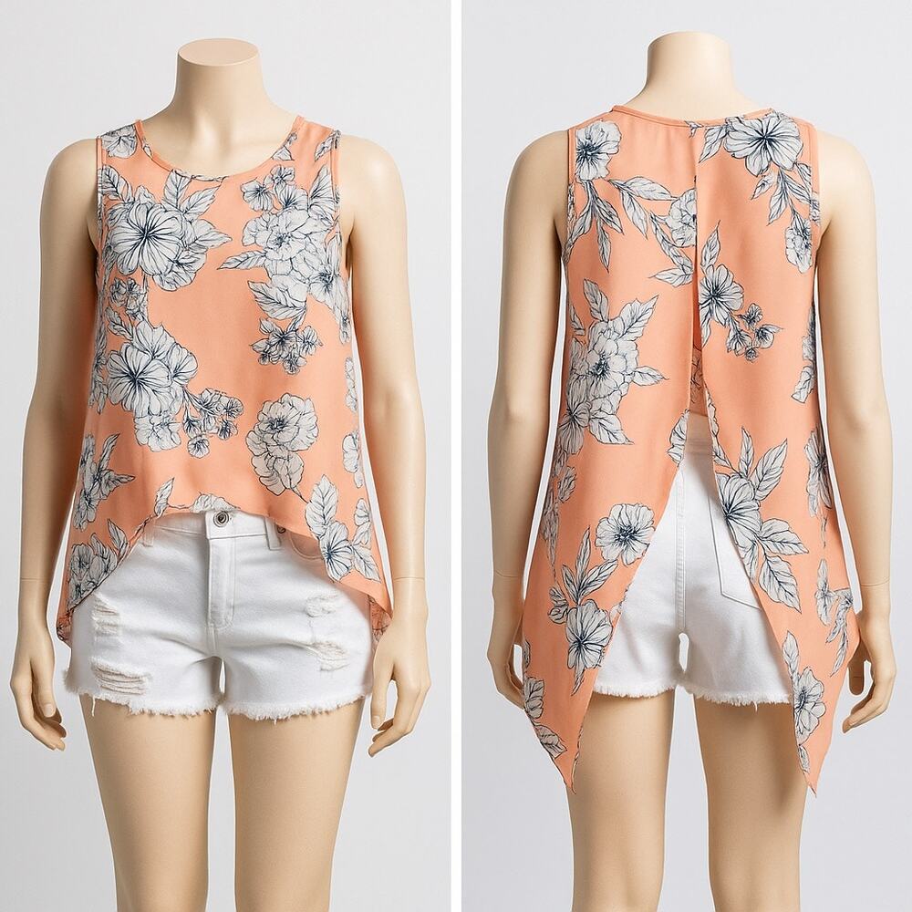 Y2K Attention Floral Blouse XS Coral Pink Sleeveless Asymmetrical Hem Tank Top